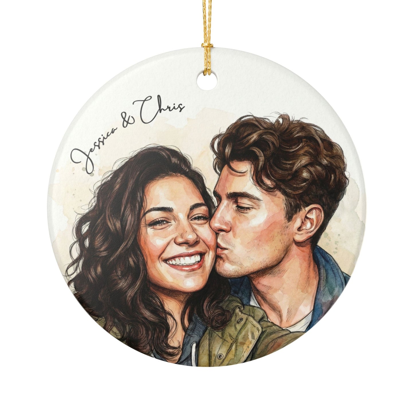 2-Sided Personalized Watercolor Photo Ornament – Custom Couple, Family, or Pet Portrait | Christmas Keepsake Gift