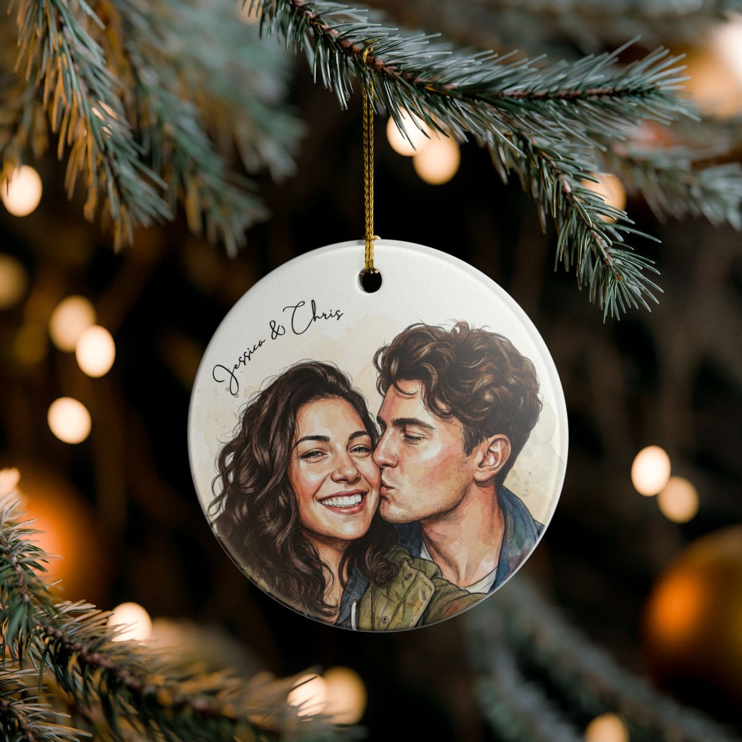 2-Sided Personalized Watercolor Photo Ornament – Custom Couple, Family, or Pet Portrait | Christmas Keepsake Gift