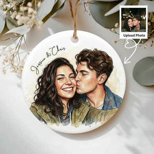 2-Sided Personalized Watercolor Photo Ornament – Custom Couple, Family, or Pet Portrait | Christmas Keepsake Gift